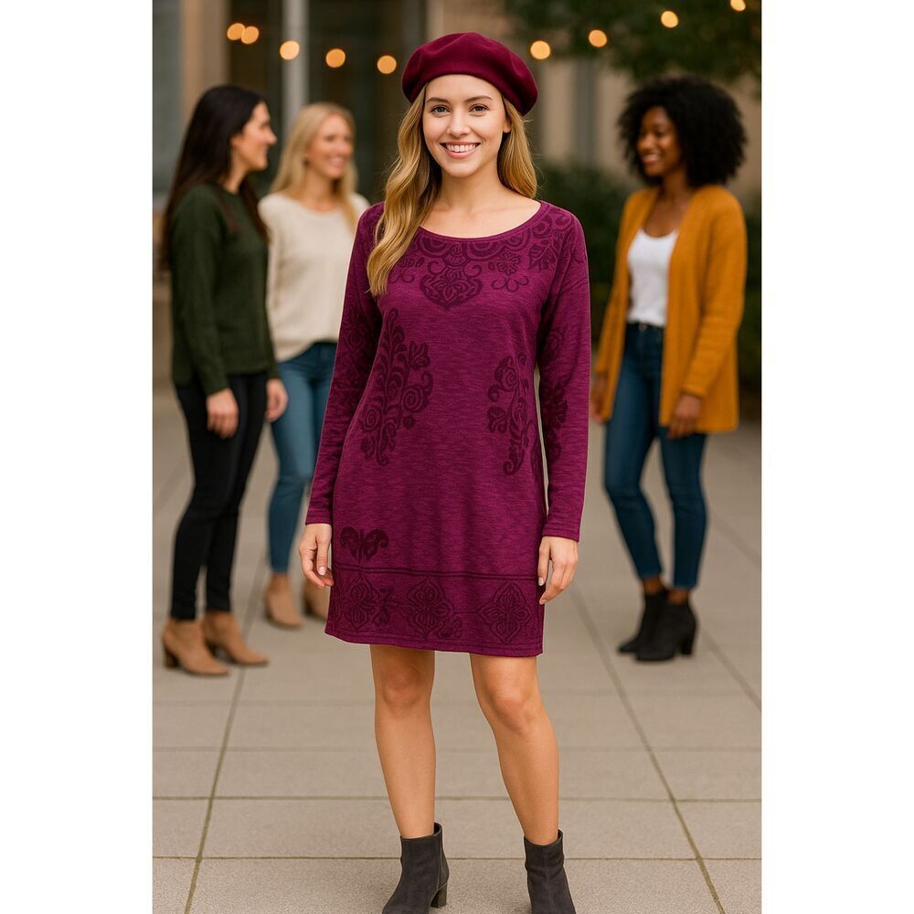 Hale Bob Velvet Dress Womens XS Magenta Long Sleeve Flocked Knit Stretch